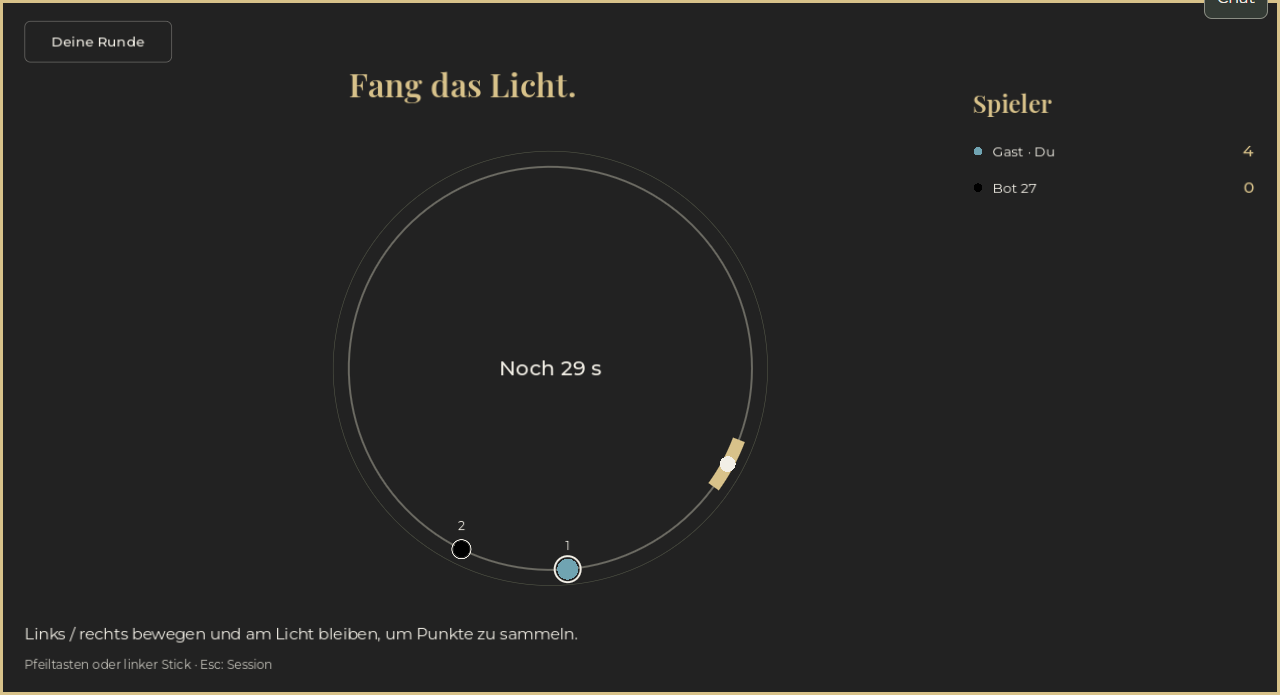 Orbit: Spielfiguren folgen dem Ziel auf einer Kreisbahn.