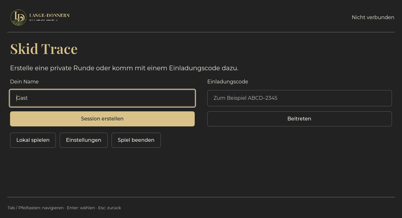 Der Einstieg in Skid Trace mit Session-Erstellung und lokalem Spiel.